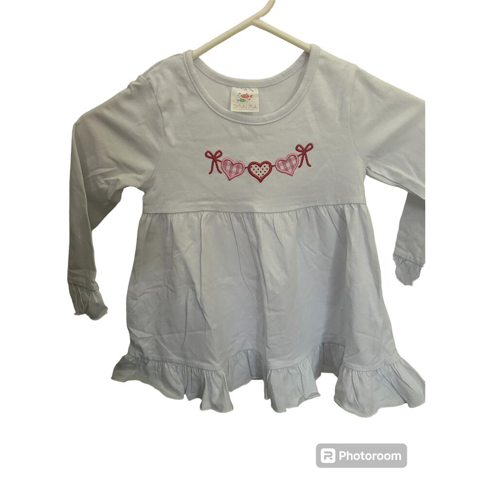 Stitchy Fish Heart Valentine 3T Embroidery Appliqué Top Tunic Red Pink ruffle